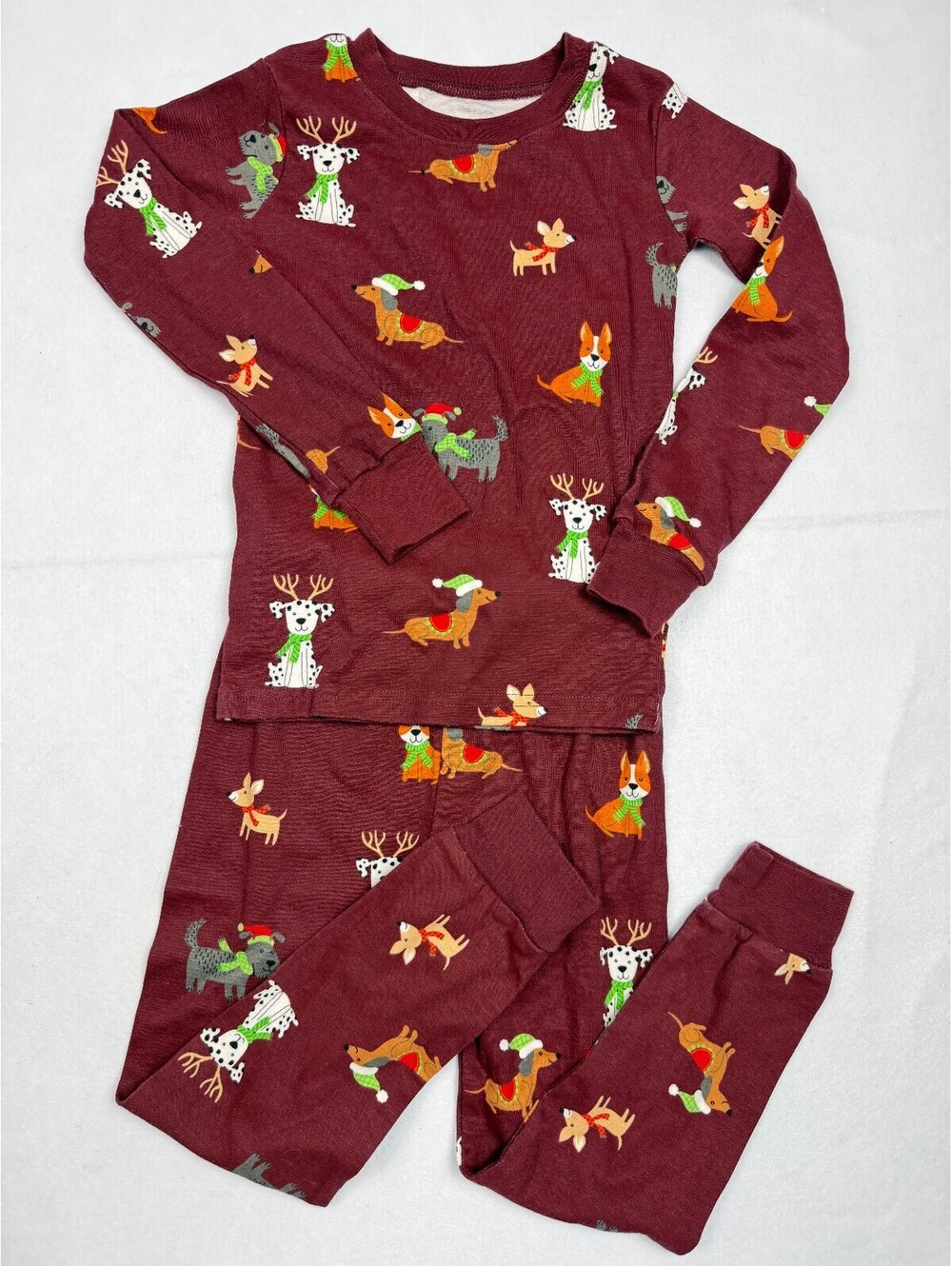 PJ Place Two Piece Pajama Set Size 5 Dogs Holiday Print Burgundy Cotton